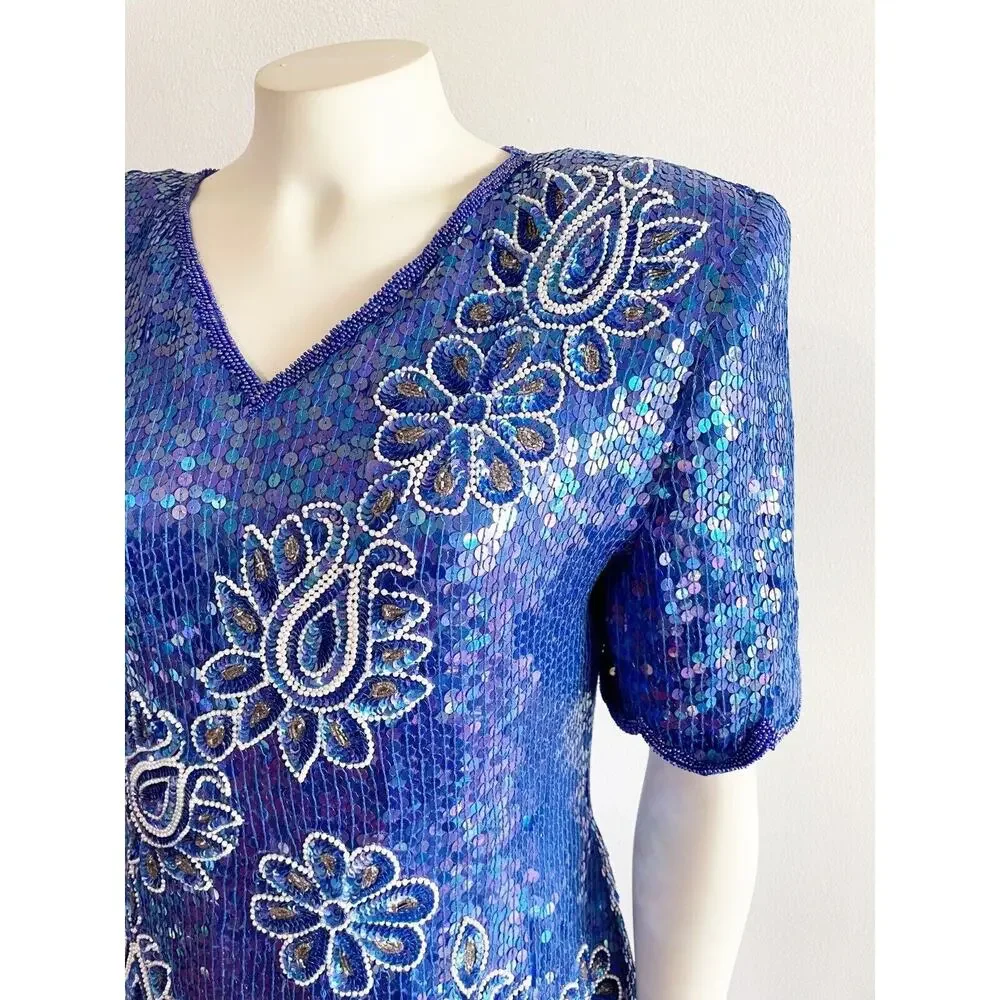 Stenay Purple Sequin Two Piece Top and Skirt Set Size 8 1980s 80s
